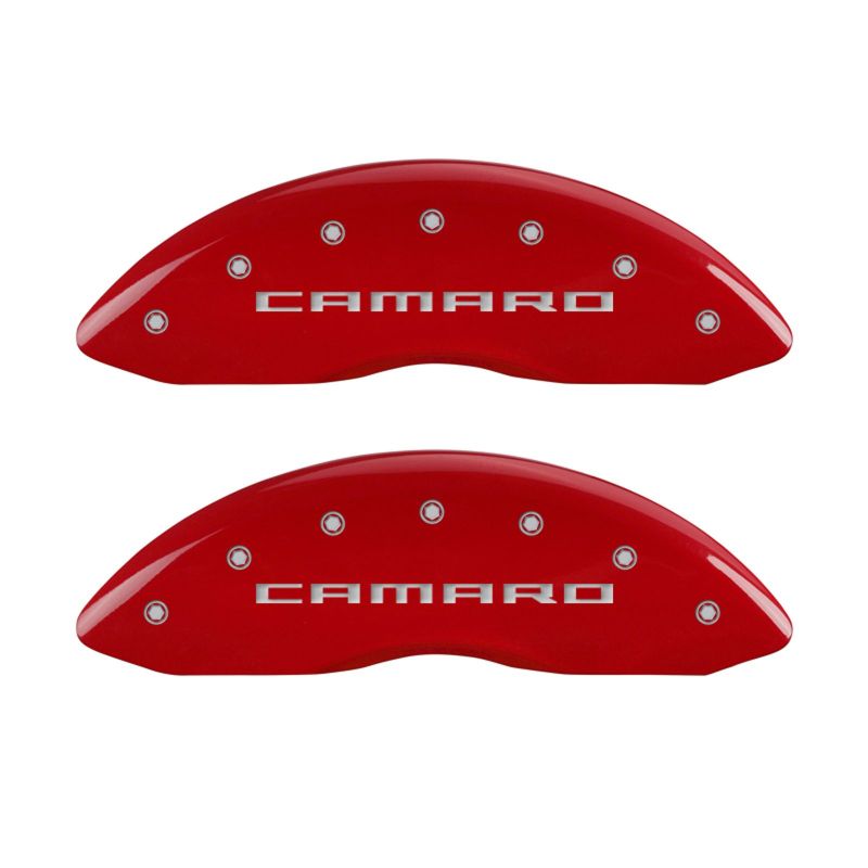 MGP, MGP 4 Caliper Covers Engraved Front & Rear Gen 5/Camaro Red finish silver ch